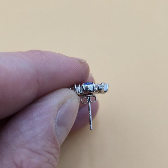 Sterling Silver Round Blue Opal And CZ Stud Earrings A5385 - Picture 6 of 8